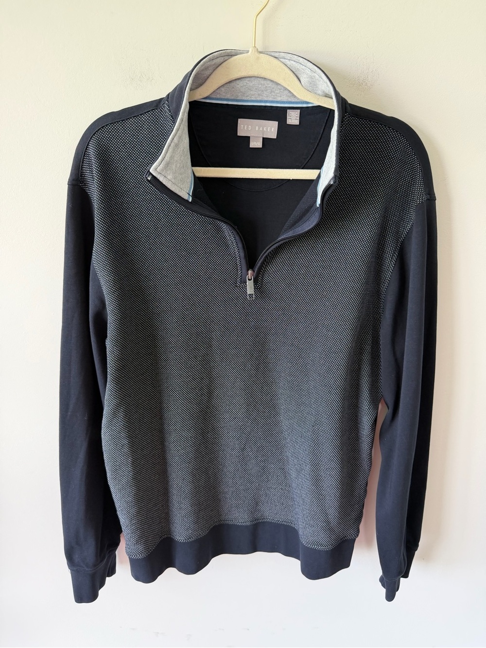 Ted Baker Sweatshirt Mens Large Blue 1/4 Zip Knit Pullover Geometric Collar